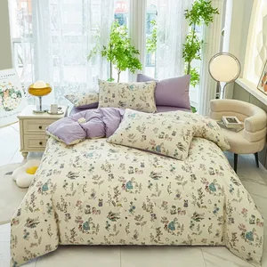 Phong cách hiện đại tùy chỉnh 300tc cotton tấm ga trải giường thiết lập với vải in phẳng được trang bị tấm và gối trường hợp