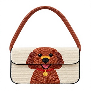 Handmade Poodle Dog Beaded Shoulder Bag Ivory Brown <b>Puppy</b> Portrait Red <b>Collar</b> Handbag Women Wholesale OEM Private Label - Product Image 1