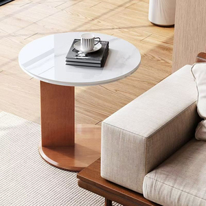 Modern Luxury Small Round Coffee <strong>Table</strong>, Solid Wood Oak <strong>Side</strong> <strong>Table</strong> with New Rock Slab, Durable for Living Room &amp; Bedroom - Product Image 3