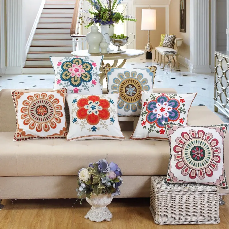 Sarung bantal sofa dekoratif bordir 18x18 inci sarung bantal bunga burung penjualan laris wol asli DW sulaman 100% katun