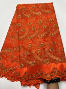 Algodón para encaje de voile, sarga, bordado floral curvo hueco, pedrería termoadhesiva, 5 yardas, vestido de novia nigeriano Aso Ebi para niñas - Product Image 4