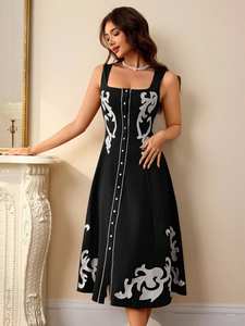 Vestido Maxi Negro Informal 100% Algodón Tejido con Bordado a Máquina, Lavable, Cuello en V Profundo, Manga Corta, Cintura Natural, con Bolsillos para Mujer - Product Image 5