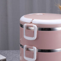Boîte à lunch isotherme portable de style moderne, grande capacité, trois couches, en acier inoxydable 201, avec couvercle en PP, design rond, vente en gros