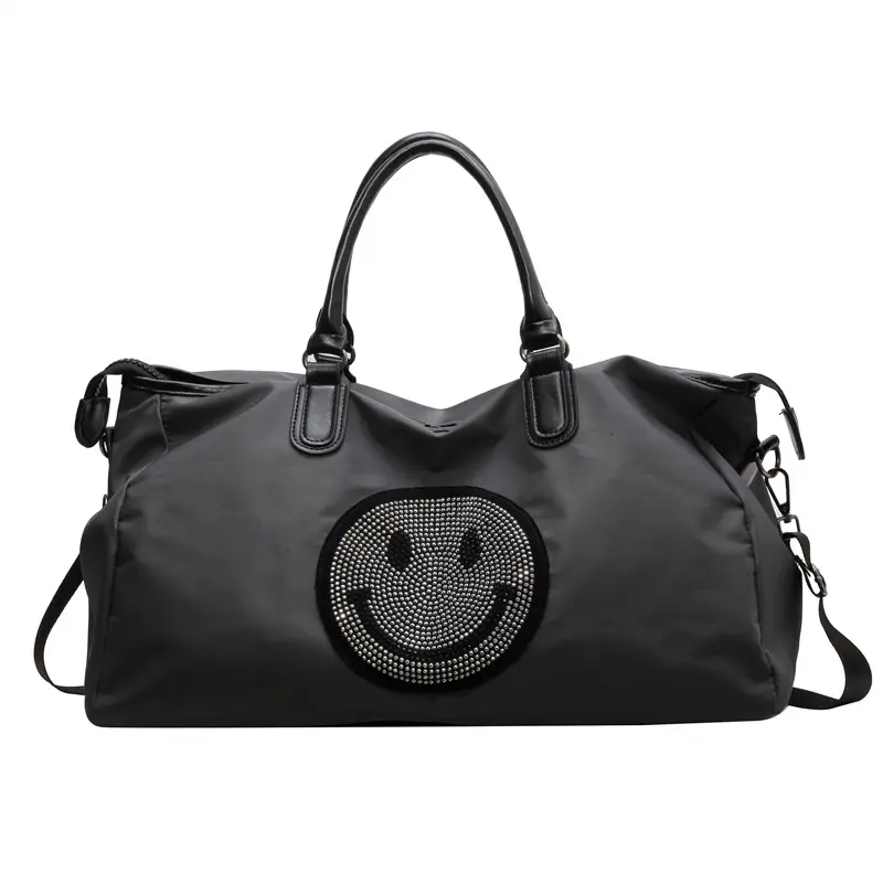 Low MOQ Stock Custom Travel Beach Women smiley face tote Duffel Bag sports duffle gym Weekender Bag for Youth