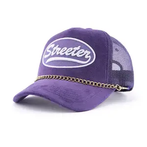 Adjustable hip hop 5 panel velvet mesh caps gorras Custom embroidered logo velvet trucker hat with chain