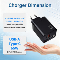 Evrensel 65W GaN Hızlı Şarj USB-C PD 3.0 Duvar Adaptörü Geri Çekilebilir Kablolu Laptop Seyahat Şarj Cihazı OTP Korumalı EU Fişli 5V3A
