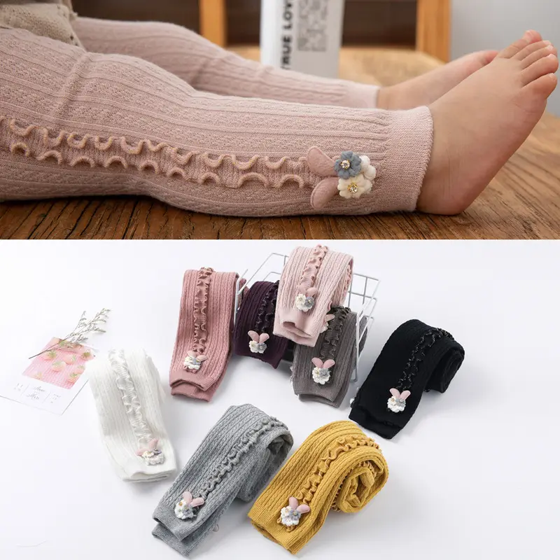 Calças para bebês, calças modernas de coelho com babados, acessórios bonitos de algodão macio knits para meninas