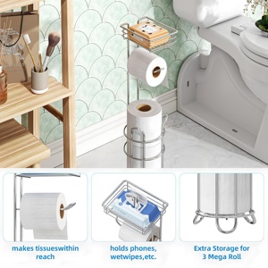 Porte-papier toilette simple sur pied avec étagère, finition chromée, capacité 4 rouleaux, pour téléphone, mouchoirs, lingettes, rangement de salle de bain - Product Image 2