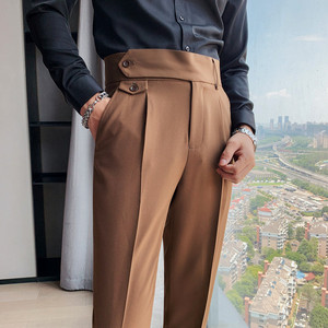 England Vintage Brown Business Pants Men Slim Fit Office Trousers Trendy Solid Color Mens Matching Shirt and Pants Formal Wear