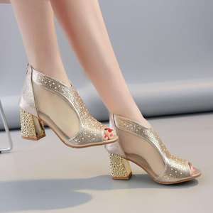 صنادل نسائية بكعب عالي للصيف بكعب سميك فم سمكة شبكي جديد جيد التهوية للنساء من حجر الراين أحذية برقبة رائعة بسحاب خلفي - Product Image 2