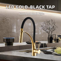 Robinet de cuisine LED en laiton pour hôtel, avec douchette extractible, monocommande, finition or/noir, avec cartouche céramique, pour hôtels et maisons
