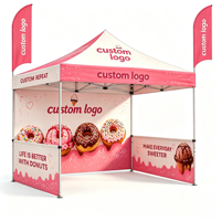 Tente de stand portable rose et noire avec logo personnalisé, ensemble complet de 3x3m, comprenant une bâche imprimée, des drapeaux plume et des poids de sacs de sable