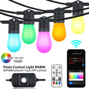 Smart outdoor string light RGBW 48ft 15 S14 lampadine controllo del punto tuya app cambia colore luci dimmerabili per Patio