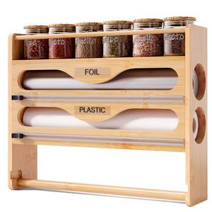 Wall Mounted Bamboo Crafts Dispenser Kitchen <strong>PaperTowel</strong> Holder Rectangle Cutter and Ziplock Bag Storage Wall Sign Organizer - Product Image 1