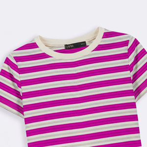 T-shirt en tricot à manches courtes rayé à col rond pour femme MERITORIOUS INTERNATIONAL, coupe décontractée, taille adulte - Product Image 6