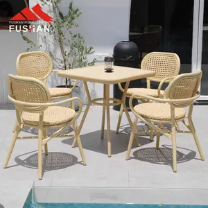 French retro design natural wood color restaurant chair hotel project rattan back with metal frame dining chair indoor chair