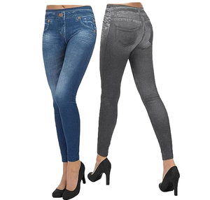 ShopINess Lot de 2 Jeggings à motif vintage coupe slim taille moyenne pour <span class=keywords><strong>femme</strong></span> (1 bleu et 1 <span class=keywords><strong>gris</strong></span> S-M) - Product Image 1