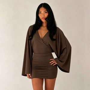 Vestido Mini Ajustado de Verano para Mujer con Cuello en V y Manga Acampanada, Cintura Natural, Color Sólido, Sexy y Casual - Product Image 5