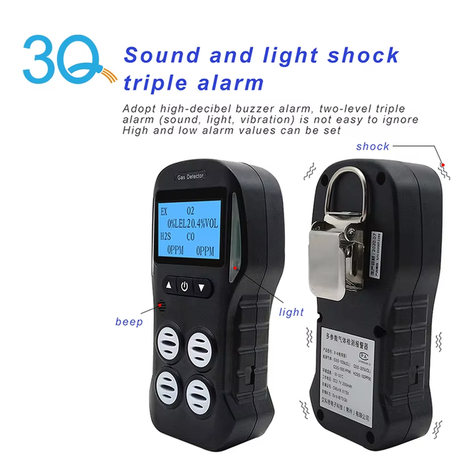 3Q 4-in-1 Accurate Gas Detector EX/CO/O2/H2S Detector for Combustible Toxic Gas Alarm with Rechargeable Portable Clip