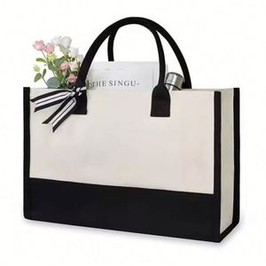 26 Letters Personalized <b>Initial</b> Canvas Beach <b>Bag</b> Reusable Classic Black and White Blank Canvas Tote Gift <b>Bag</b> With Custom Logo - Product Image 6