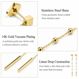 Boucles d'oreilles pendantes à chaîne linéaire en acier inoxydable, plaquées or 14 carats sous vide, avec barres géométriques perlées, couleur or et argent - Product Image 2
