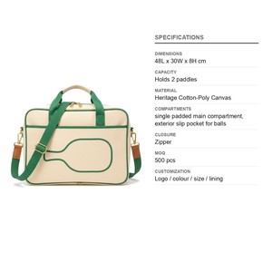 Sac de raquette de pickleball Heritage Canvas pour 2 raquettes, en coton et polyester, avec logo personnalisé, vente en gros, sac de raquette de tennis et de padel - Product Image 6