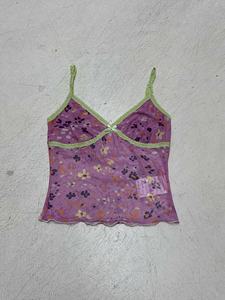 Sweet Fresh <b>Pink</b> Knitted Camisole-Breathable Sheer Mesh Floral Print V-neck <b>Cami</b> <b>Top</b> - Product Image 2