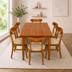 Juego de Muebles de Comedor de Teca Sólida de Lujo con Seis Sillas Tapizadas para Restaurante, Hotel, Villa e Interiores Modernos - Product Image 1