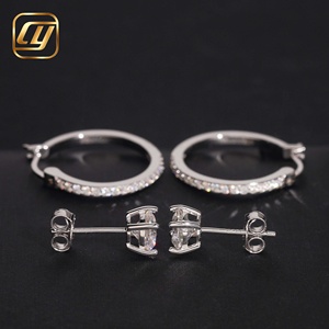 Ensemble de 2 paires de boucles d'oreilles en argent sterling S925 avec moissanite, clous solitaires ronds et boucles d'oreilles créoles demi-pavées, bijoux en diamant VVS - Product Image 4