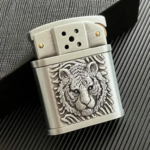 Embossed tiger head brass lighter reverse customized logo metal kerosene cigarette lighter business gift