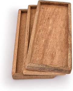 Juego de 3 Platos de Servir Samhita Hechos a Mano de Madera de Mango Marrón Clásica con Borde Elevado para Exhibir Frutas, Aperitivos y Sushi, 12 x 5 Pulgadas - Product Image 3