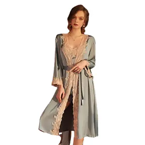 Bosman jubah sabuk Vintage wanita, gaun malam elegan renda halus lengan panjang untuk perempuan