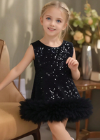 Gaun Putri Hitam Berpayet untuk Anak Perempuan, Tanpa Lengan, Bahan Mesh Tulle, Gaun Pesta