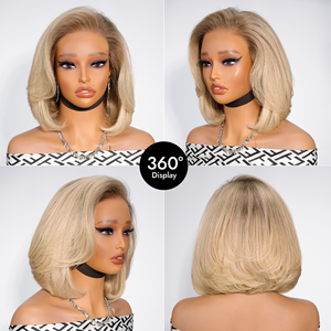 Ash Blonde Ombre courte coupe émoussée Bob perruque avec couches ondulées fermeture de cheveux humains perruques 180 densité vendeur de cheveux en gros - Product Image 5