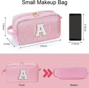 China <strong>Manufacturer</strong> Custom Pink Stripe Birthday Gift Initial Makeup Toiletry Organizer <strong>Cosmetic</strong> <strong>Bag</strong> - Product Image 4