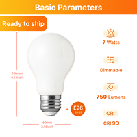 Livraison rapide, ampoule à filament LED 90CRI, 7W, E26, 120V, A19, 750LM, verre opale blanc, dimmable, ampoules LED à haut CRI, certifiées FCC