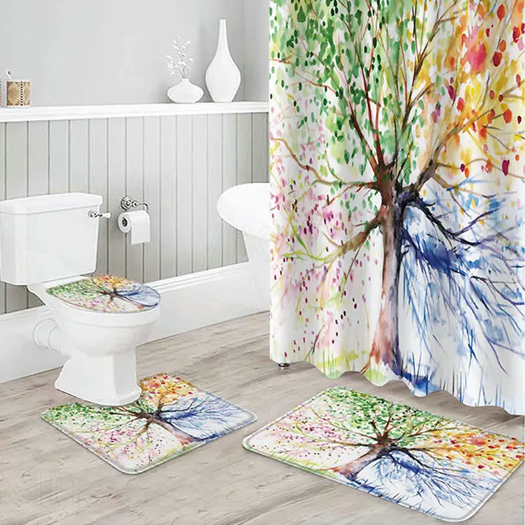 Modern Watercolor Tree Plants 3D Design Waterproof Bathroom Shower Curtains Custom Digital Printing Sets With Rugs