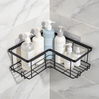 Support de rangement triangulaire pour salle de bain en fer noir, étagère d'angle pour outils de douche avec crochets