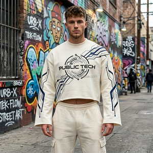 เสื้อยืดแขนยาวครอปปักลาย OEM Custom Techwear คอเต่าชายเสื้อปลายแขนแบบดิบ สไตล์สตรีทแวร์ - Product Image 3