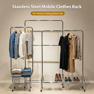 Double Rail Rolling Garment Rack With Wheels Heavy Duty Stainless Steel Clothes Hanging Stand For Retail Display Bedroom - Product Image 6