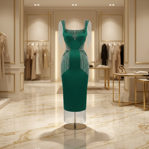 <b>Emerald</b> Green Midi Sheath <b>Dress</b> with Crystal Fringe Shoulder Detail and Embellished Waist Design for Elegant Evening Party - Product Image 3