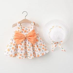Vestido floral sin mangas para bebé niña con lazo grande y sombrero de paja a juego, conjunto de verano estilo A-Line mini adorable - Product Image 2