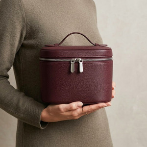 Burgundy Litchi Pattern PU Leather Makeup Bag Cylindrical Travel Toiletry Case <b>Large</b> Capacity Vanity Organizer Cosmetic <b>Box</b> Hand - Product Image 2