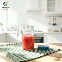 Pot Mason en verre à col fileté avec poignée, 480 ml, en verre transparent robuste, pour le stockage en garde-manger, les boissons froides et les fêtes