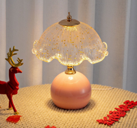 Lampe de table vintage à abat-jour en verre à volants, base ronde en bois massif/céramique, lampe de chevet, lampe de bureau, lampe de nuit décorative pour chambre à coucher