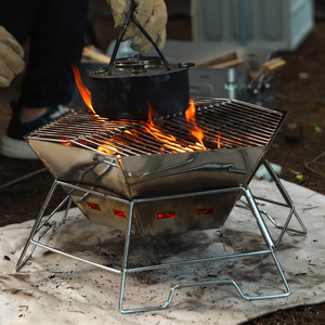 Portable Foldable Camping Stove Stainless Steel Hexagonal <b>Fire</b> <b>Pit</b> With Hanging Pot Stand For Outdoor Cooking And Picnic - Product Image 4