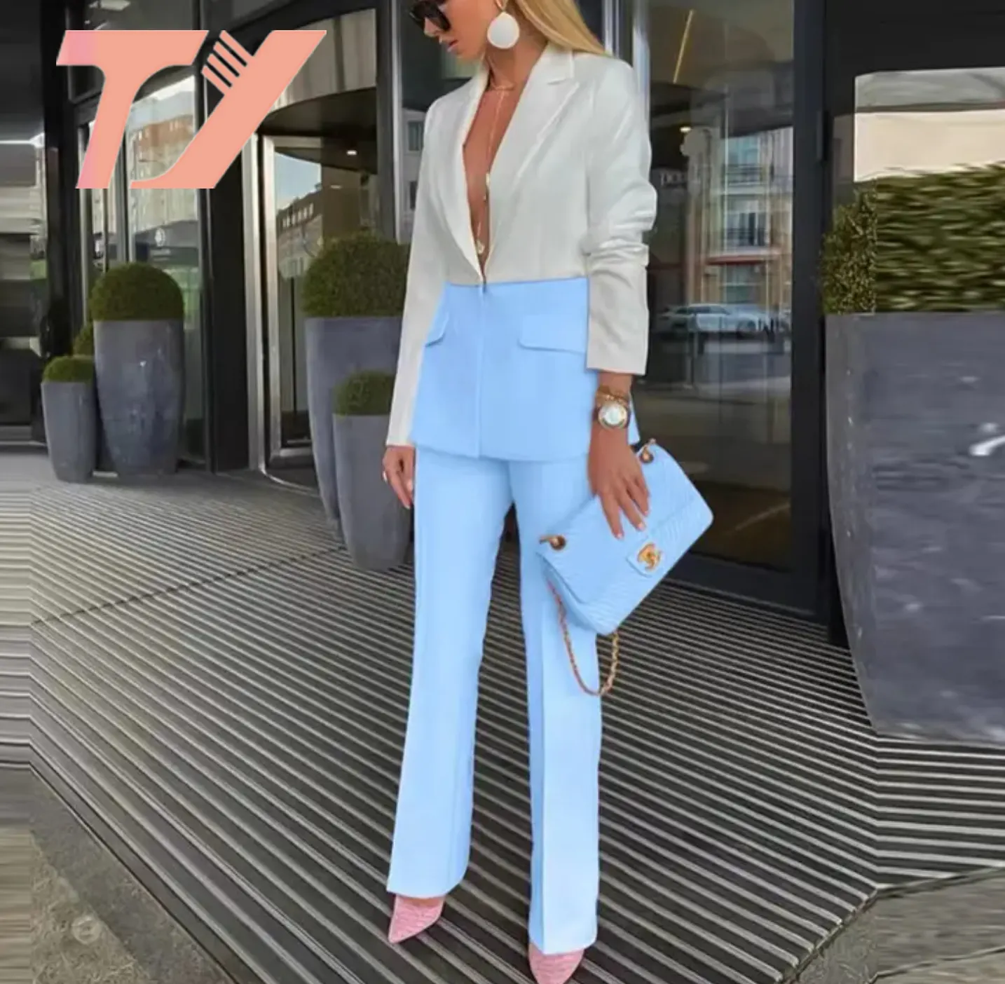 womens suits   tuxedo blazer and long pant Set Contrast colour casual women office lady suit