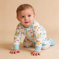 Pyjama Combinaison Bébé Unisexe en Fibre de Bambou Bio avec Logo Personnalisé Imprimé Animal, Fermeture Éclair Bidirectionnelle, ODM OEM