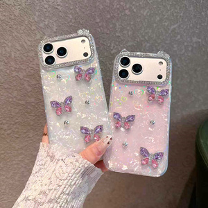 เคสโทรศัพท์มือถือลายเปลือกหอยไล่สีรูปโบว์ผีเสื้อ สำหรับ iPhone 17 16 15 Pro Max ประดับเพชร เปลือกหอยสีรุ้งเหลือบรุ้ง ฝาหลังแบบไล่เฉดสี - Product Image 1