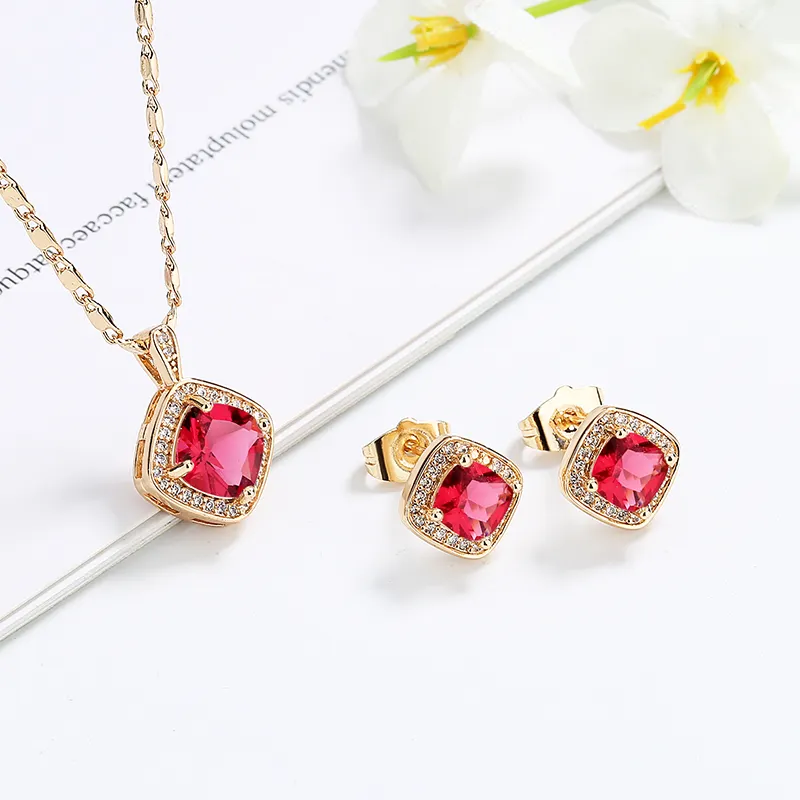 New Latest Plated Jewelry Design For Women Zirconia Cubic Square Diamond Necklace Earring Set 18kgp